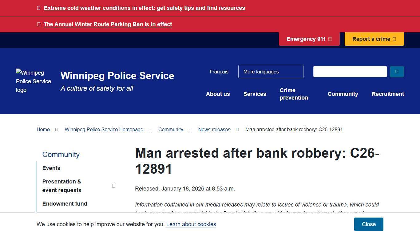 Man arrested after bank robbery: C26-12891 | City of Winnipeg